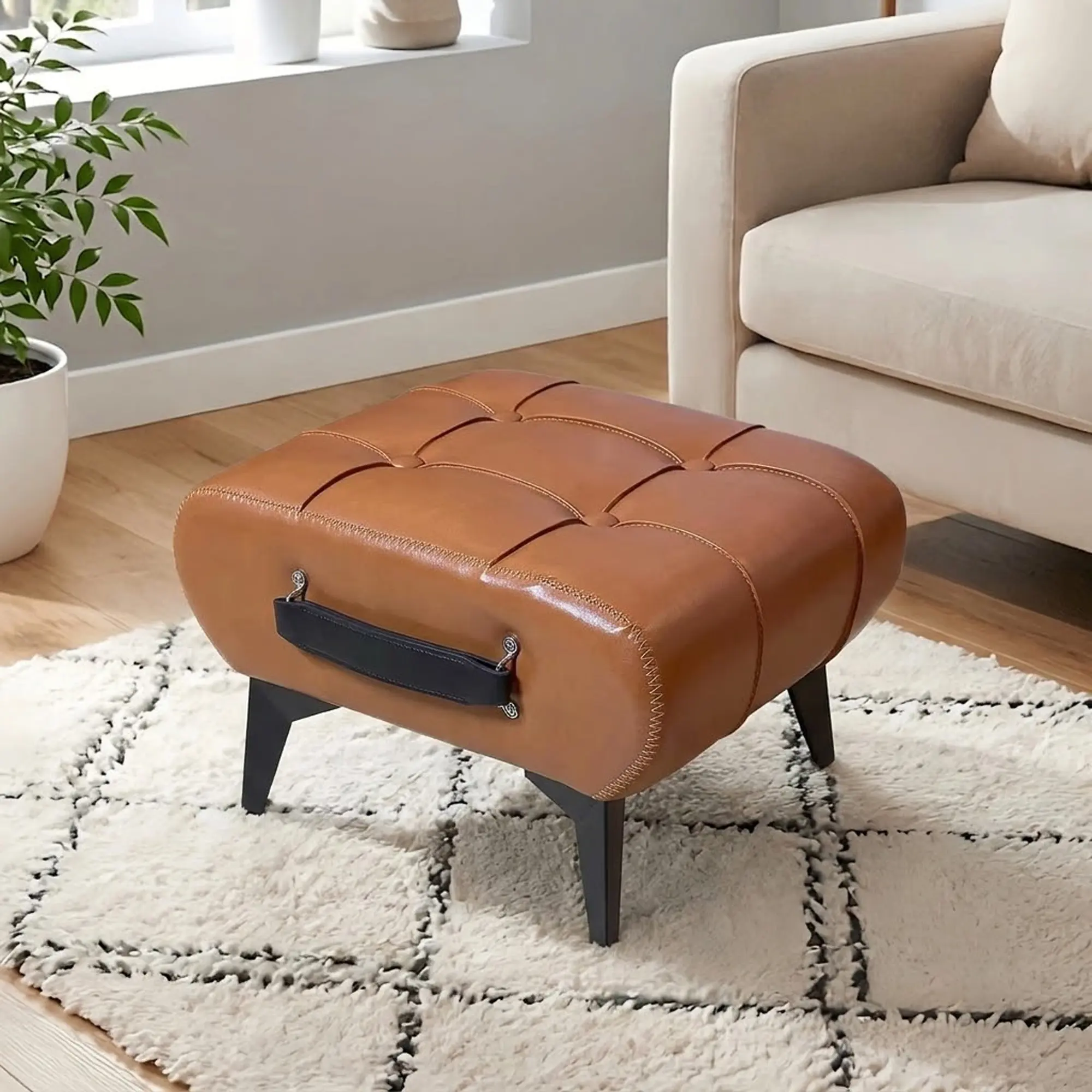 High quality leather stool, equipped with portable handles and metal legs; Modern minimalist square footstool/footrest with hidden storage space, available in multiple colors, suitable for living room
