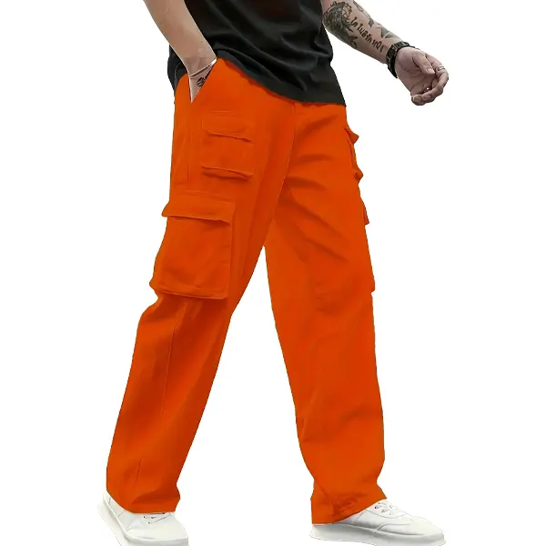 Menswear Men's Stylish Casual Streetwear Multi-Pocket Plain Cargo Pants, Vibrant Orange Trendy Long Trousers
