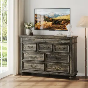 47" Wide Farmhouse 9 Drawer Dresser Dark Rustic Oak Chest of Drawers for Bedroom & Living Room Wood Storage Organizer with Ample Space Rustic Charm Natural Texture Sturdy Construction Easy Assembly