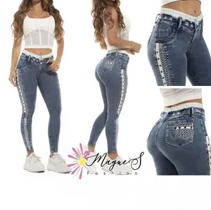 64736-Push Up Colombian Jean with Side Embroidery and High Waist Design for Women