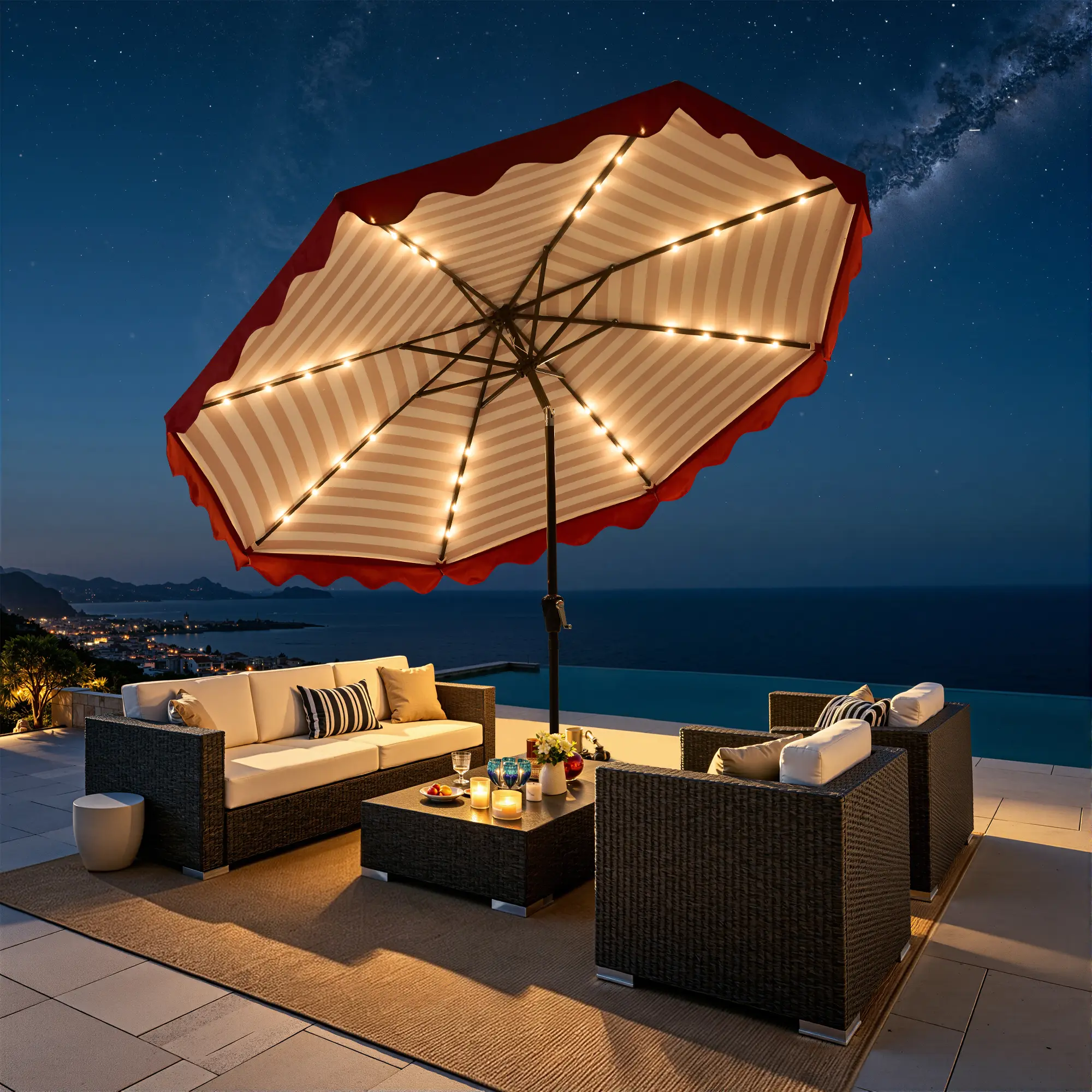 HOOOWOOO 10/15ft Large Patio Umbrella, Easy Tilt, Outdoor Umbrella with LED Lights & Crank for Patio Garden Pool Lawn Backyard(10FT No Base, 15FT w/ Base)