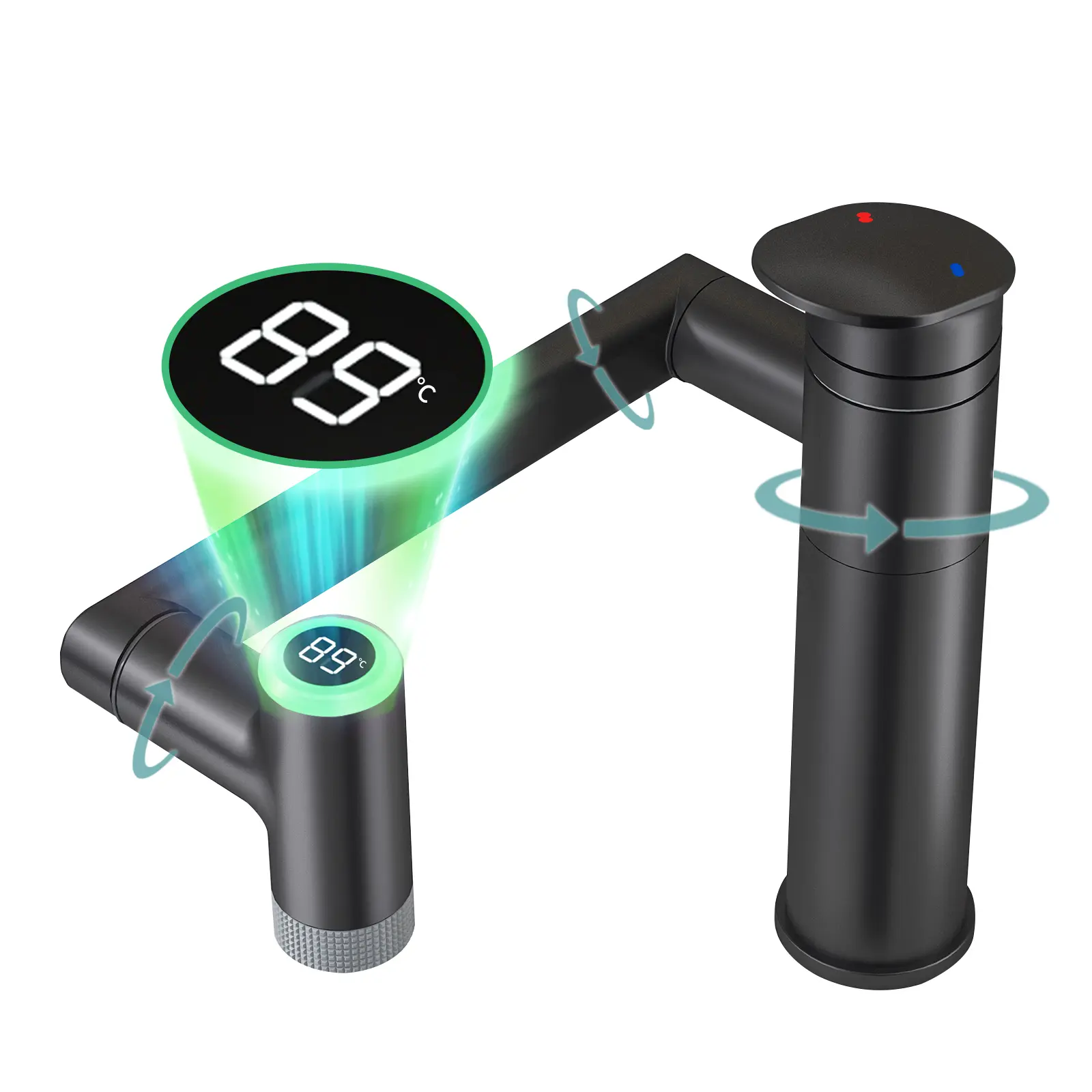 Modern Black 1-Hole Stainless Steel Digital Display Bathroom Tap, 1080° Rotatable Single Handle Faucet with LED Light Temperature Display, Smart Control, 2 Spray Modes, Digital Display Faucet