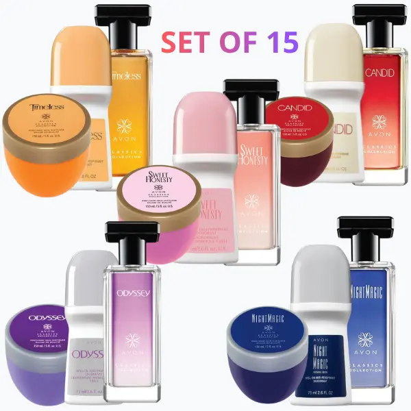 Avon Classics Collection Perfume 1.7 fl. oz, Roll-on deodorant 2,6 fl. oz. & Perfumed skin softeetner5 ooz. Odyssey, Timeless, Candid & Night Magic. SET of 15