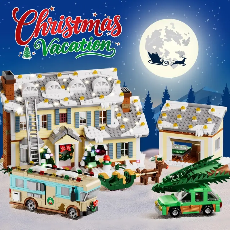 1958PCS Christmas Vacation House Building Blocks Cubes Toys Sets Street View Model Holiday Decorative Ornaments Assembly Bricks For Kids Adult Christmas Gifts Stackable Cubes