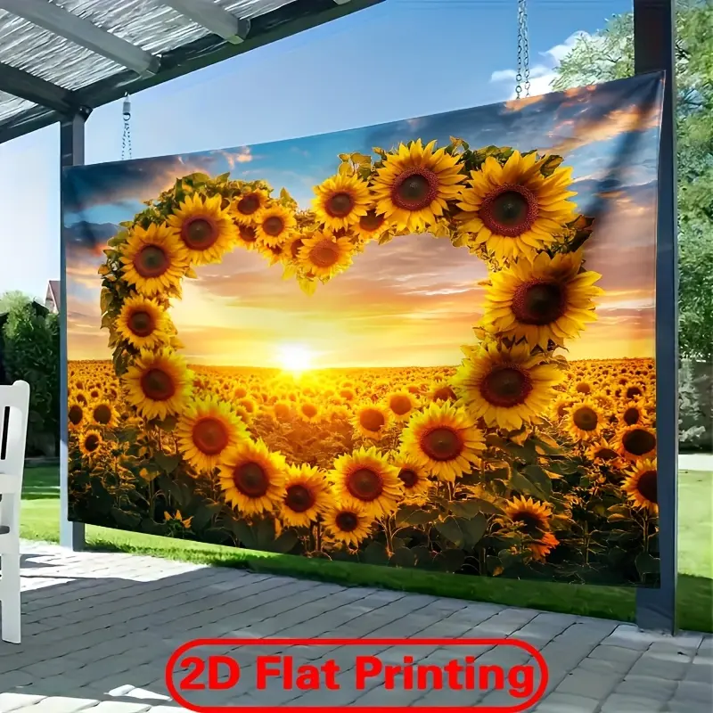 1PC Polyester 2D Flat Romantic Heart-Shaped Sunflower Sunset Tapestry - Pastoral Natural Scenery Wall Hanging, Reusable Decorative Cloth, Romantic Bedroom Accessories for Living Room, Birthday Party Backdrop, Happy Birthday, Flat Print