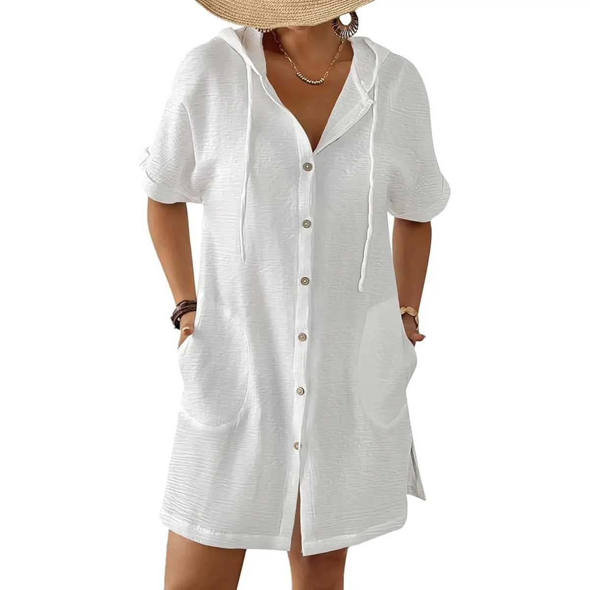 Bsubseach Women's Button-Front Short Sleeve Hooded Swimwear Coverup Shirt - Polyester-Spandex Mix, Multi-Size, Above Knee, Beach Outfit, With Pockets, Swimwear Coverups
