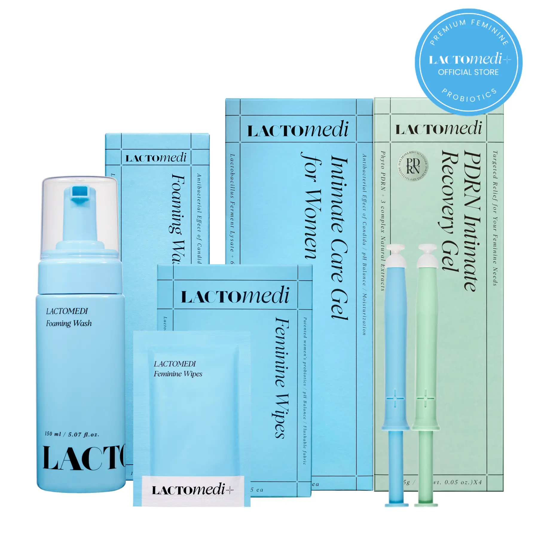 LACTOMEDI Total Care PDRN Set (1 box of each) - Feminine Hygiene Essentials with PDRN Intimate Gel for Elasticity & Barrier Care, pH-Balanced Intimate Care Gel, Daily Foaming Wash & Feminine Wipes