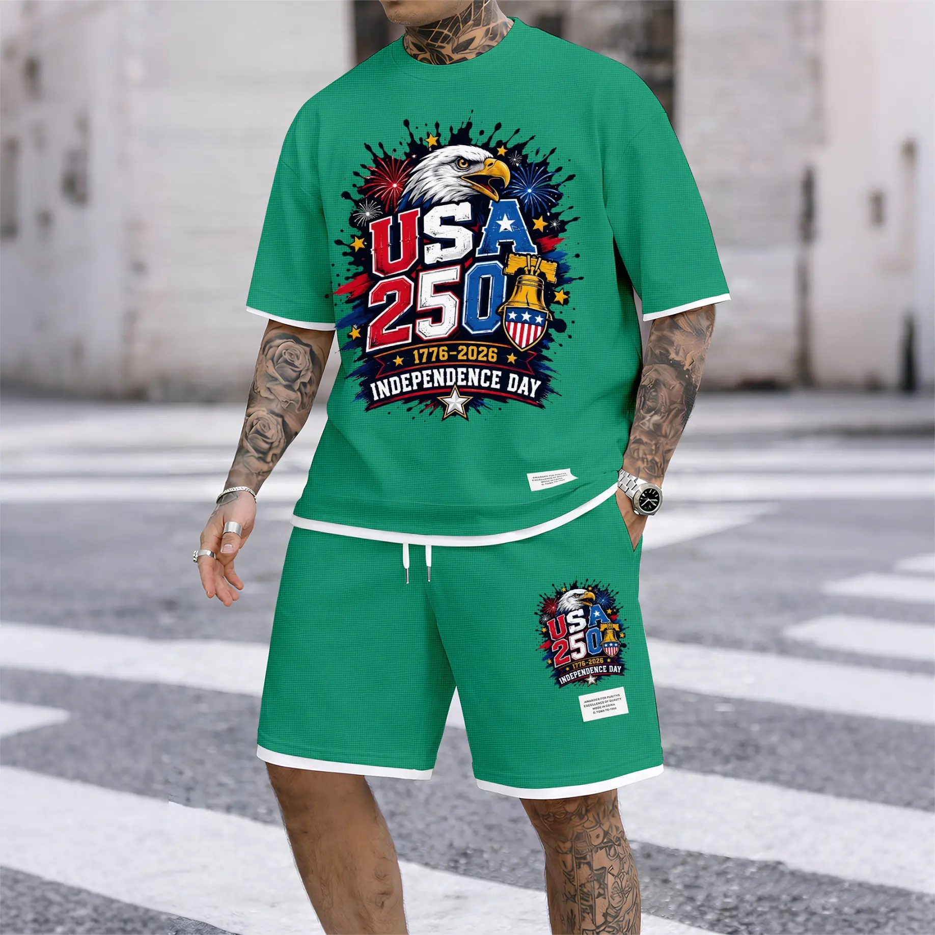 Men’s USA 250 Independence Day Eagle Graphic Waffle Knit Short Set, Casual Short-Sleeved Shirt And Drawstring Shorts Outfit, Lightweight Breathable Two-Piece Set