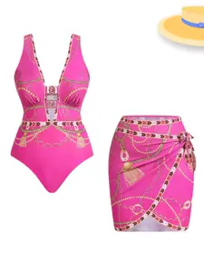 【Plus Size】All Over Print Swimsuit Bodysuit & Cover Up Skirt Set, Boho Sleeveless Bodysuit & Cover Up Skirt, Women's Swimwear for Beach Holiday Vacation