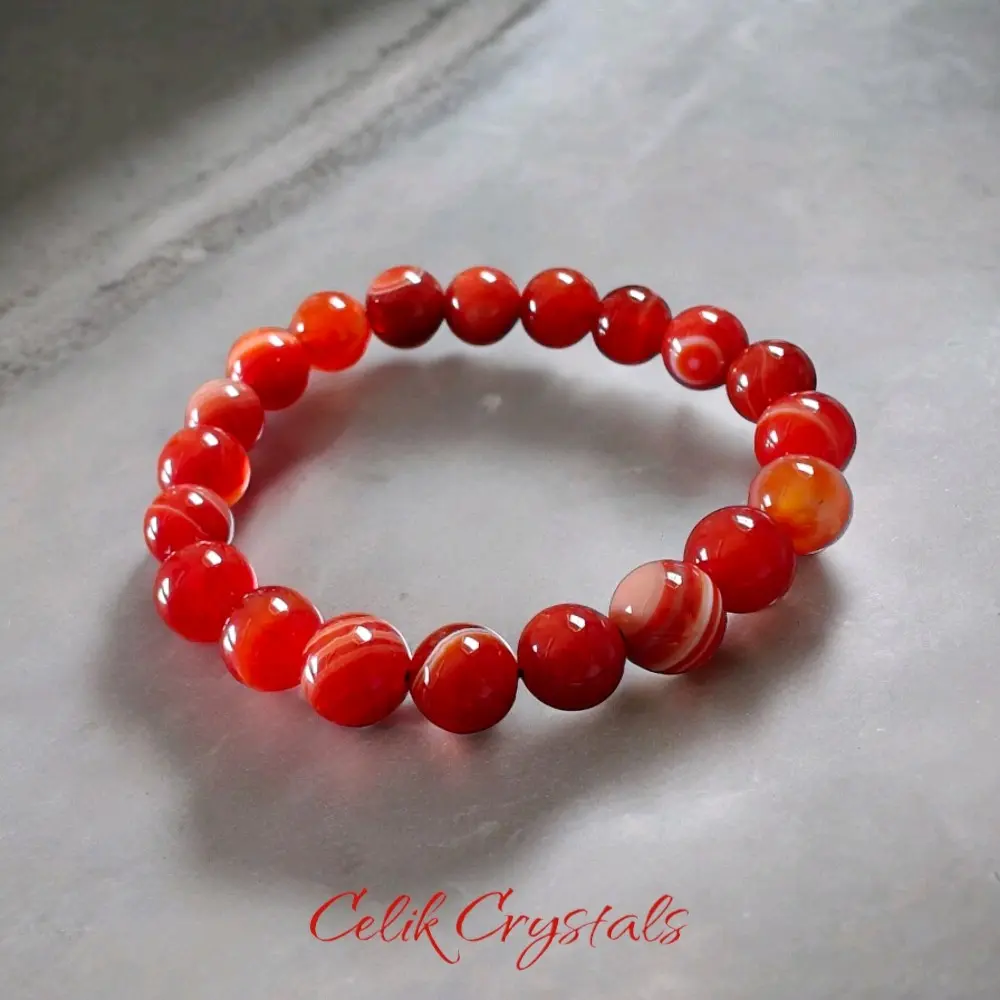 Unisex 10mm Red and Orange Striped Natural Carnelian Crystal Bracelet, Fashionable Pretty Jewelry Bracelet