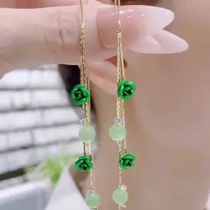 LisiZen Green Rose Flower Tassel Threader Earrings, Elegant Versatile Long Style Jewelry, Face Slimming Effect DZEH4695
