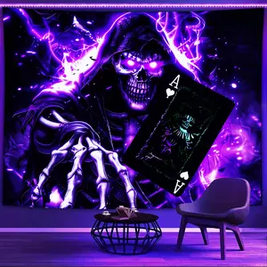 Hanging Decorative Wall Tapestry, Black Light UV Reactive Glowing Night Tapestry, Mysterious Purple Glow Skull Card Theme Tapestry, Suitable for Decorating Youth Bedrooms, Dorms, Living Rooms, Outdoor Spaces, And Rvs.