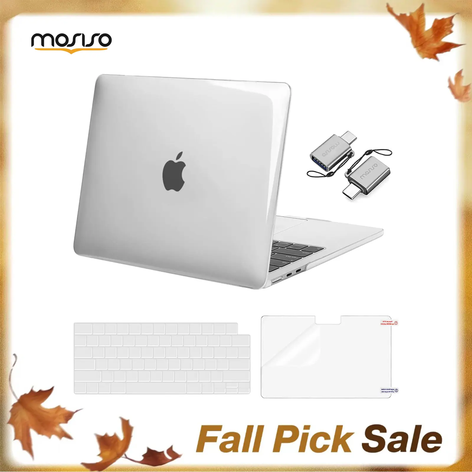 MOSISO 4-in-1 Case Compatible with MacBook Air 13.6 Inch M5 M4 M3 M2 2026-2022, Slim Hard Shell Laptop Cover with Keyboard Cover, Screen Protector and 2 USB-C to USB 3.0 Adapters for Students and Professionals