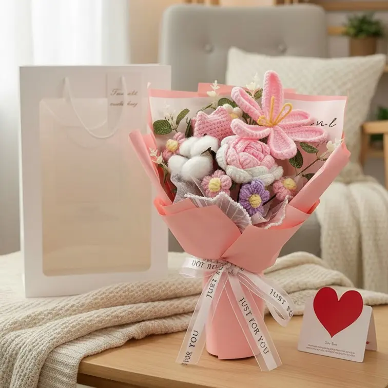 Handmade Knitted Crochet Flower Bouquet, 1 Bunch Artificial Flowers for Home Decor, Parties, Weddings & Anniversaries Perfect Valentine’s Day, Birthday, Mother’s Day, Father’s Day & Thanksgiving Gift, Decorative Artificial Flower Set (without ledlights)