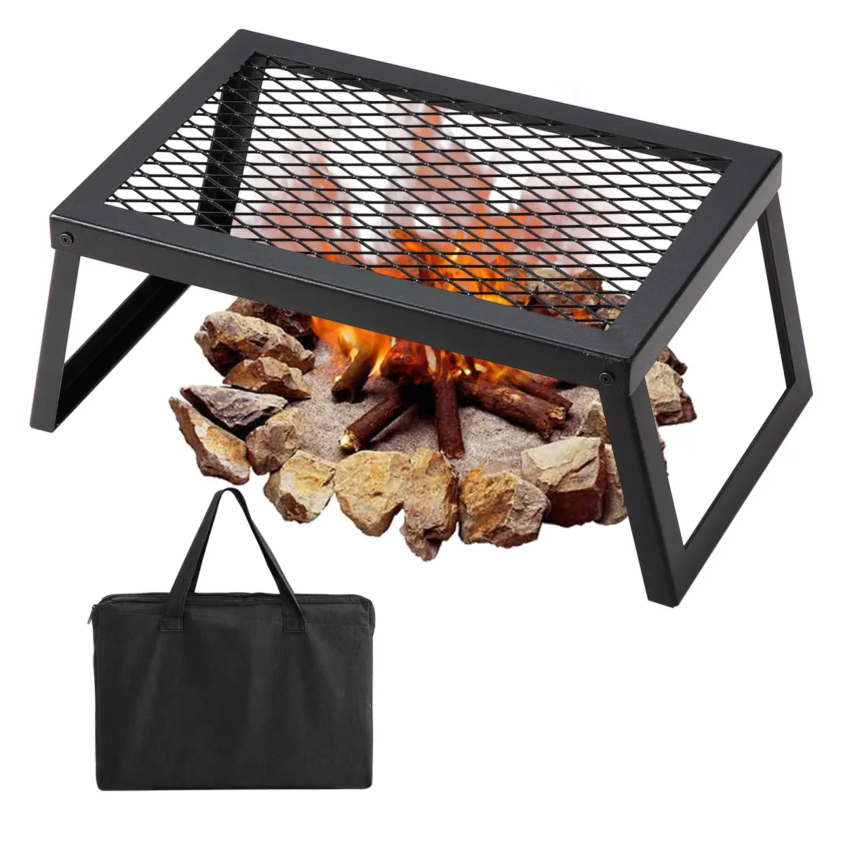 [Bellemave] Folding Campfire Grill, 18 Inch Heavy Duty Steel Mesh Grate, Portable Camping Grill with Legs & Carry Bag for Outdoor Open Flame Cooking ﻿