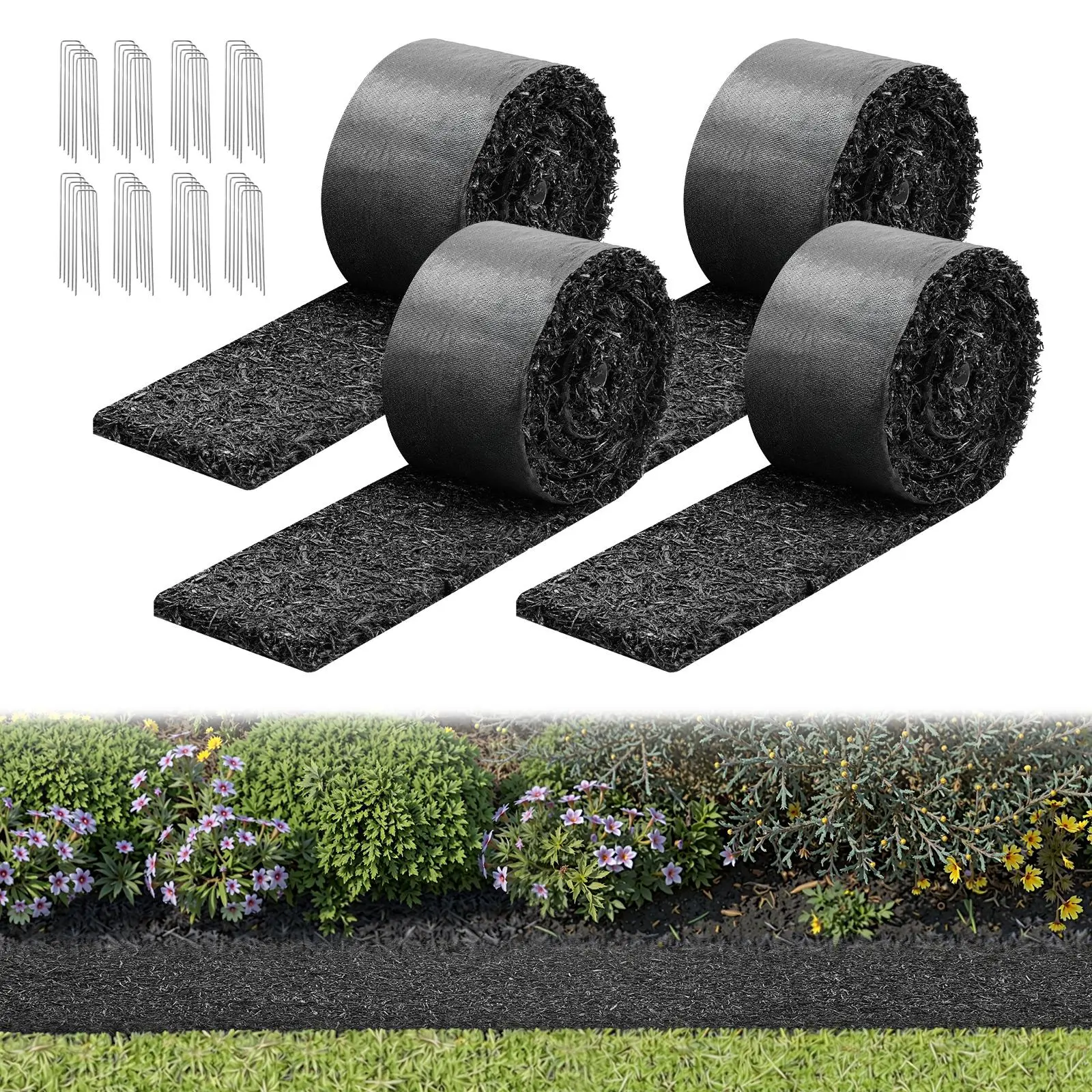【SummerFinds】VEVOR Rubber Mulch Mat Roll, 4 Rolls 120 x 4.5 in, Recycled Rubber Permanent Mulch Edging Border, Natural-Looking Flower Barrier with Stakes, 0.5 in Thick Cuttable Garden Edgings for Landscaping