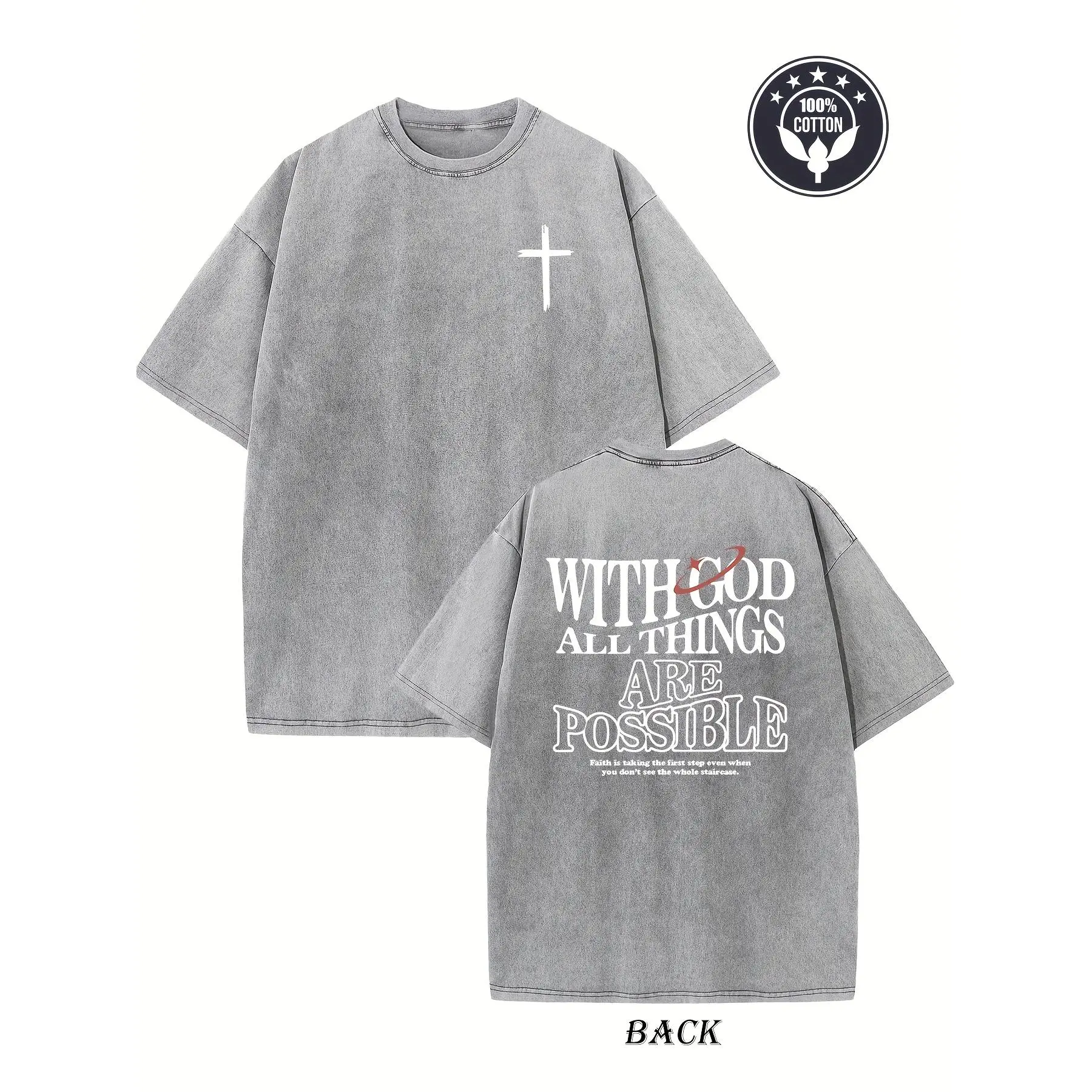 Men's Heavyweight 230gsm Cotton Short-Sleeve T-Shirt - Vintage Washed Christian Graphic, Dual-Sided Print, Loose-Fit Round Neck Menswear Casual Sports Streetwear Top