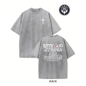 Men's Heavyweight 230gsm Cotton Vintage Washed T-Shirt - Dual-Sided "with God All Things Possible" & Cross Print, Loose Fit Hip Hop Streetwear, Round Neck Short Sleeve Casual Tee for Casual Attire, Ribbed Neckline Shirt Crewneck Knit Fabric Tshirt Knit