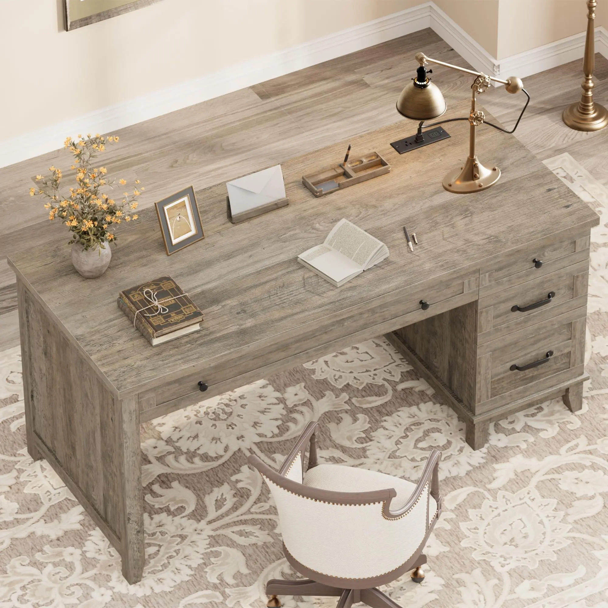 Garvee 53.5" Farmhouse Computer Desk with Charging Station, Rustic Black Home Office Executive Desk, Wooden Workstation with File Cabinet Storage Drawers for Writing & Study, Rustic Gray