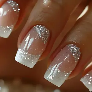 US-NAIL - 24Pcs Short Square Coffin False Nails Square Fake Nails with Glue French Glitter Wearable Acrylic Nails Set Press on Nail Tips