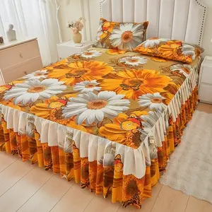 Floral Print Ruffled Edge Bed Skirt Set, 3 Counts/set Including 1 Bed Skirt & 2 Pillowcases without Filler, Comfy Bedding Sets, Mattress Cover Protector, Soft Comfortable Breathable Bedding Set For Home Bedroom, Guest Room