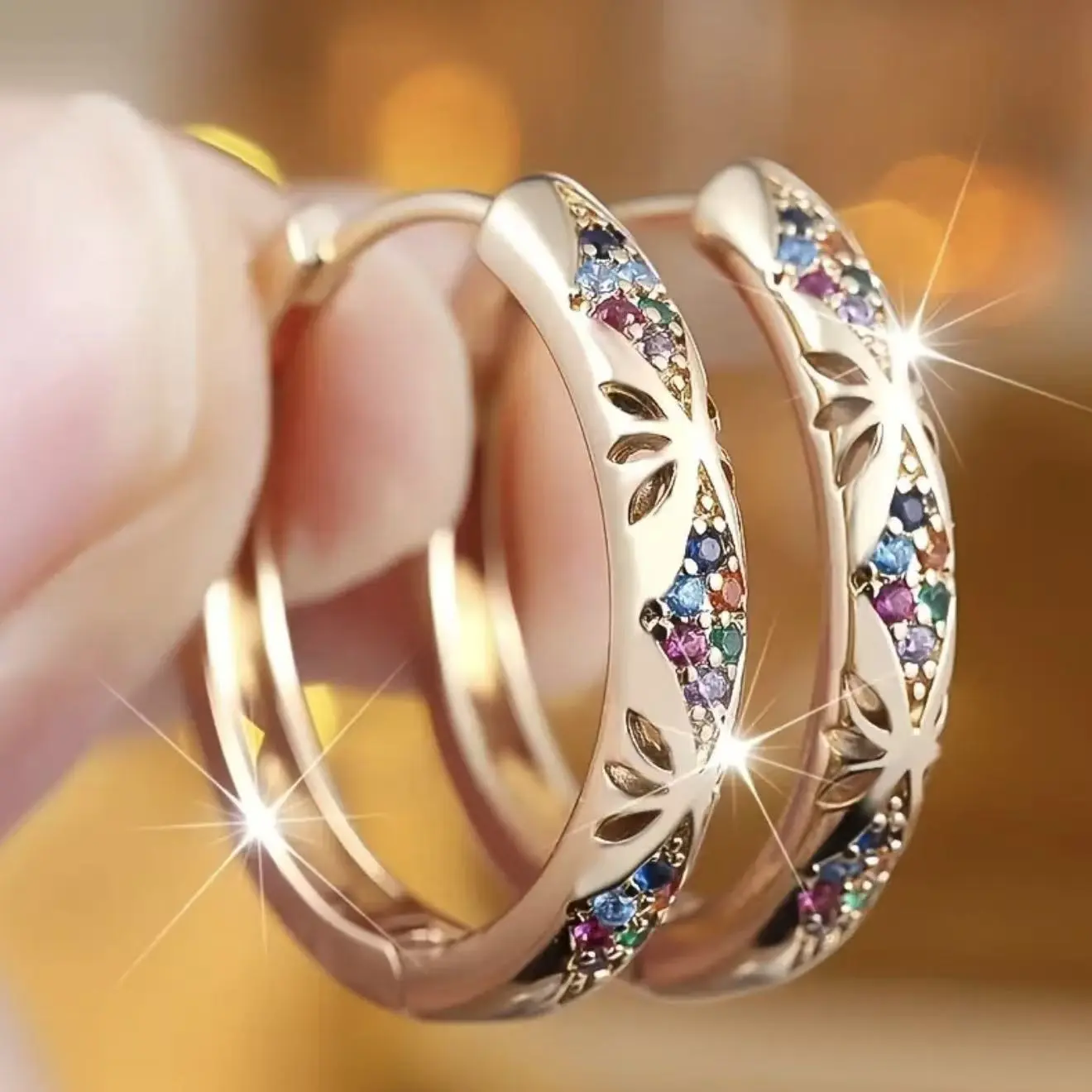 A Pair Dainty Rose Gold Leaf Hoop Earrings with Multicolor Zircon Vintage Hoolow Out Design Trendy Daily Wear Earrings Gift for Her