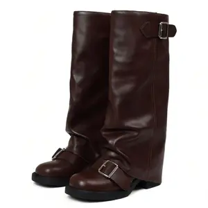 EROCALLI Women  Fold High Boots  Chunky Block Heel Festival Trendy Casual Round Toe Buckle Tall Slouchy Boots for Women Motorcycle Riding Rave Club Pull on Y2K Long boots