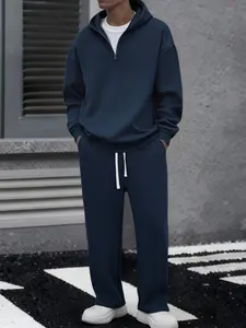 Men's solid color half zipper hooded casual pants two-piece set super soft, breathable, lightweight pullover sweatshirt with adjustable drawstring cap, large pocket, loose fit, daily leisure travel, morning walk, outdoor errand, long sleeved SpringStateme