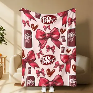 Countdown Sale! Dr Pepper Themed Flannel Blanket Soft Warm Throw Blanket with Classic Logo Red Bows and Hearts Pattern for Bedroom Living Room Sofa Couch All Seasons Cozy Blanket for Dr Pepper Fans and Collectors Perfect Gift