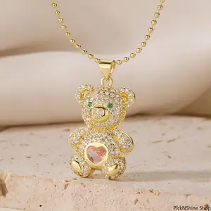 18K Gold Plated Copper Cute Bear Pendant Necklace With Paved Zircon, Minimalist Unique Jewelry For Women, Stylish Clavicle Chain For Daily Wear, Trendy INS Style Fashion Accessory For Cross-Border Wear, Accessories For Women