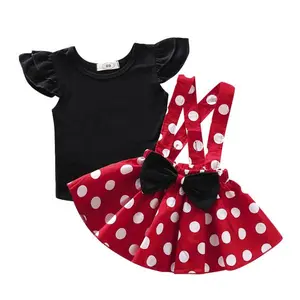 [Lullaby] Baby Girls Fashion Dress Set Flying Sleeve Round Neck Short Sleeve Top Wide Strap Polka Dot Skirt Suit
