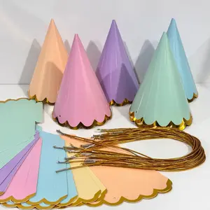 6Pcs Pastel Birthday Party Hats with Gold Scalloped Edge,  Macaron Cone Hats for Adults, Cute Tea Party, Baby Shower, Birthday Decorations Supplies, Set, Party Supply