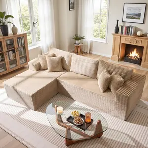 105" L-Shaped Modular Sectional Sofa with Chaise, Boneless Comfy Corduroy Fluffy Couch with Deep Seat , Flexible Module Combination for Living Room, No Assembly， modern corner couch durable