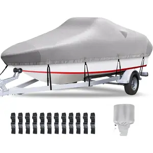 Heavy Duty 1200D Oxford Waterproof Trailerable Boat Cover for 17-19ft Boats, UV Resistant Bass Boat Cover with Motor Cover, Fits V-Hull Tri-Hull Fish&Ski Boat Runabout