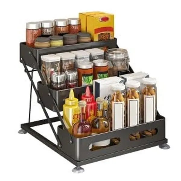 Garvee 30cm x 34.5cm x 25.5~27.5 cm spice racks kitchen shelf countertop for kitchens, 3-tier kitchen drawer handles, spice rack made of carbon steel, spice rack pull-out drawer kitchen organizer
