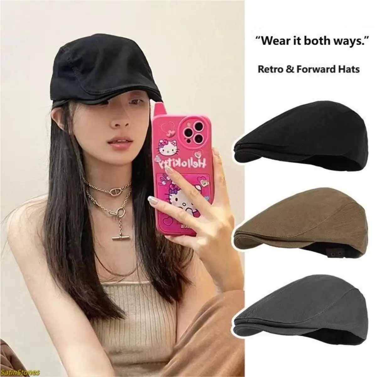 Women's Big Head Circumference Berets, 2026 Reverse-Wear Ancient Forward Hat, Small-Face Black Painter Hat for Spring & Autumn Fashion Accessories