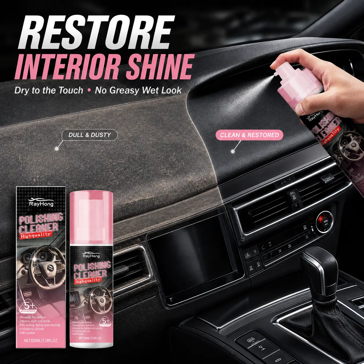 Car Interior Cleaner and Polish Spray, Quick Drying No Residue Detailer for Dashboard, Leather Seats and Door Panels, Restores Color and Shine, Easy Spray and Wipe, Automotive Care, Car Detailing Products, Car Cleaning Supplies, Car Stuff 100mL