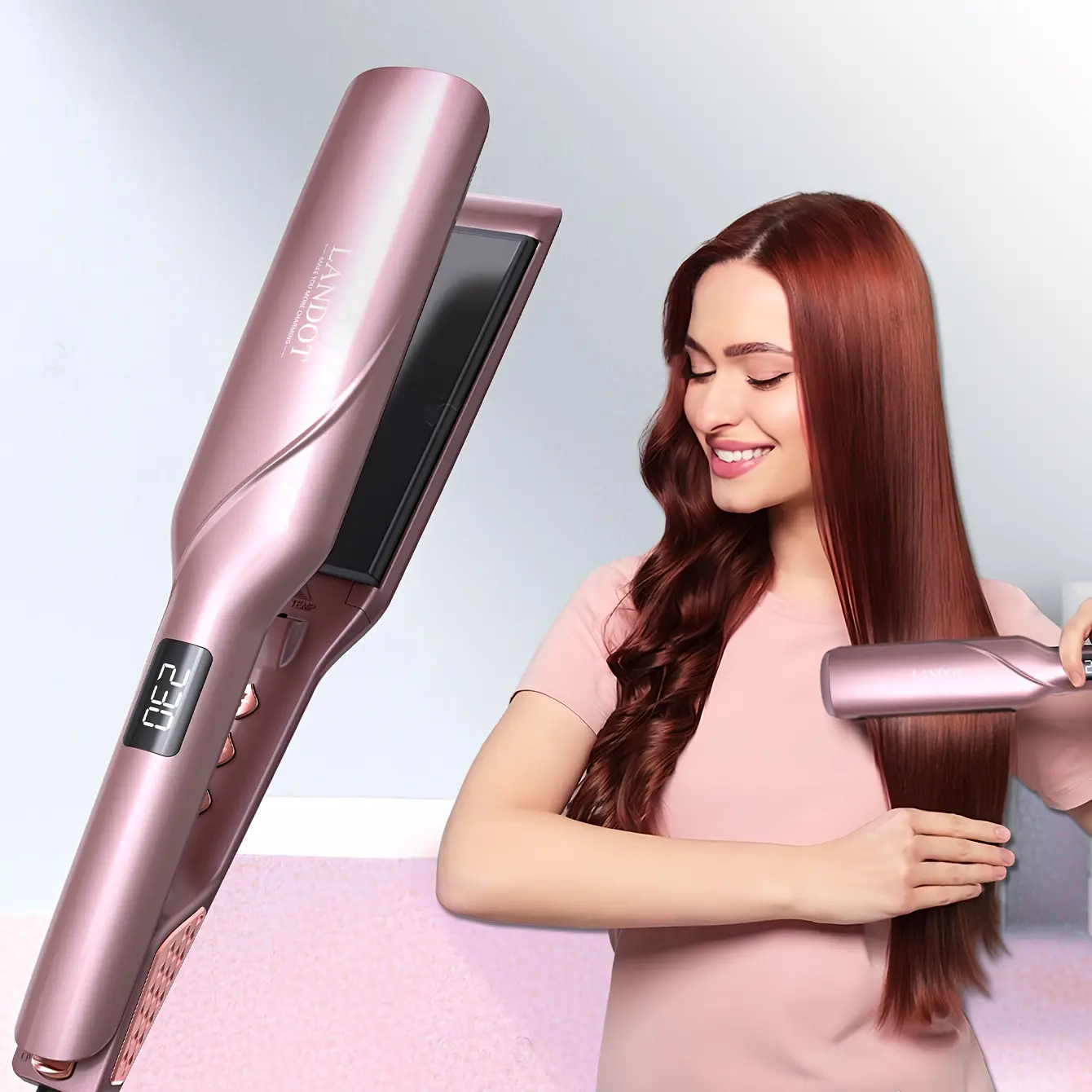 LANDOT 1.75" Wide Plastic Cord-Powered Ceramic Flat Iron - Portable Hair Straightener, Professional Styling Tool for Faster Results, Smooth Shine, Dual Voltage, 250-450℉ Adjustable Temp, Travel-Friendly, All Hair Types