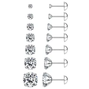 Nandudu S925 Sterling Silver CZ Stud 7Pcs Earrings - Hypoallergenic Screw Back Cartilage Earrings, Clear Cubic Zirconia Flat Back Studs, Anti-Tarnish Piercing Jewelry for Women Men