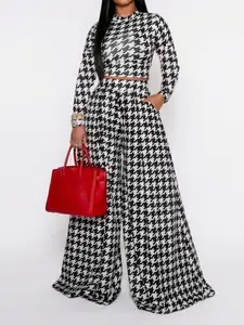 Colorblock Long Sleeve Two-Piece Set, Houndstooth, Fashion Slim Fit Design, Casual Elegance, Perfect for Daily Womenswear