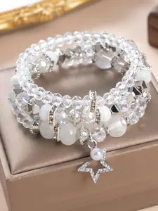 3Pcs Elegent Boho Star Pearl Crystal Silver Beaded Bracelet Set | Dainty Crystal Bracelet | Fashionable Versatile Everyday Wear | Valentine's Day Gift for Girlfriend, Mom, or Best Friend | Bracelet With Charms