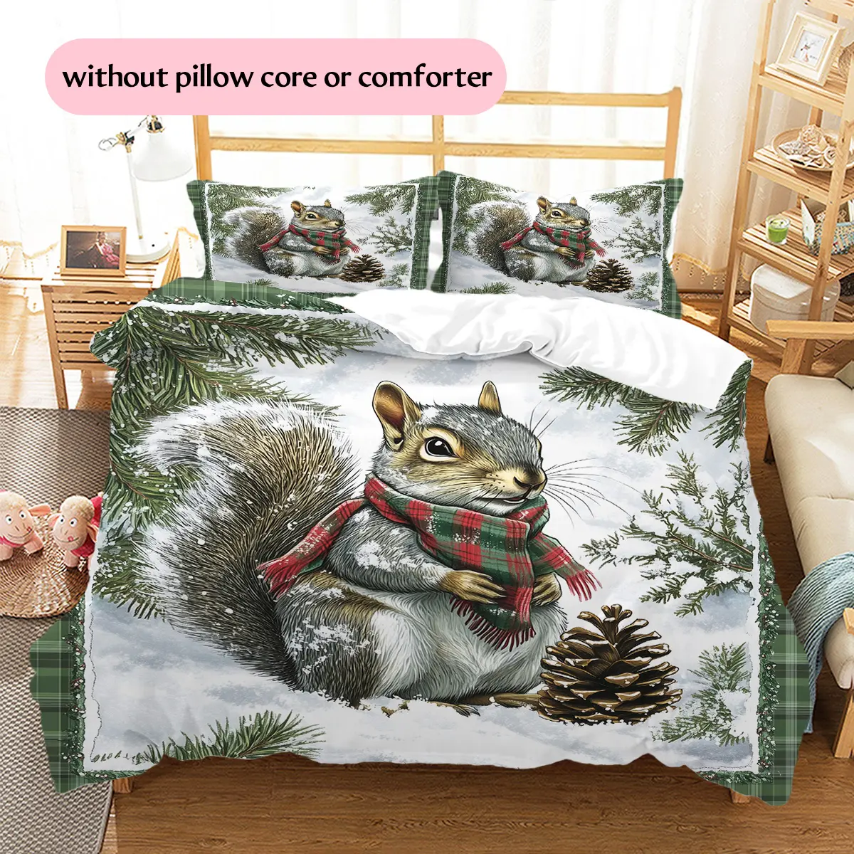 Grey Squirrel in Vintage Frame  Printed bedding set, duvet cover and pillowcases, home decor, Christmas decoration, bedroom duvet cover, Christmas gift, birthday gift (1 * duvet cover + 2 *