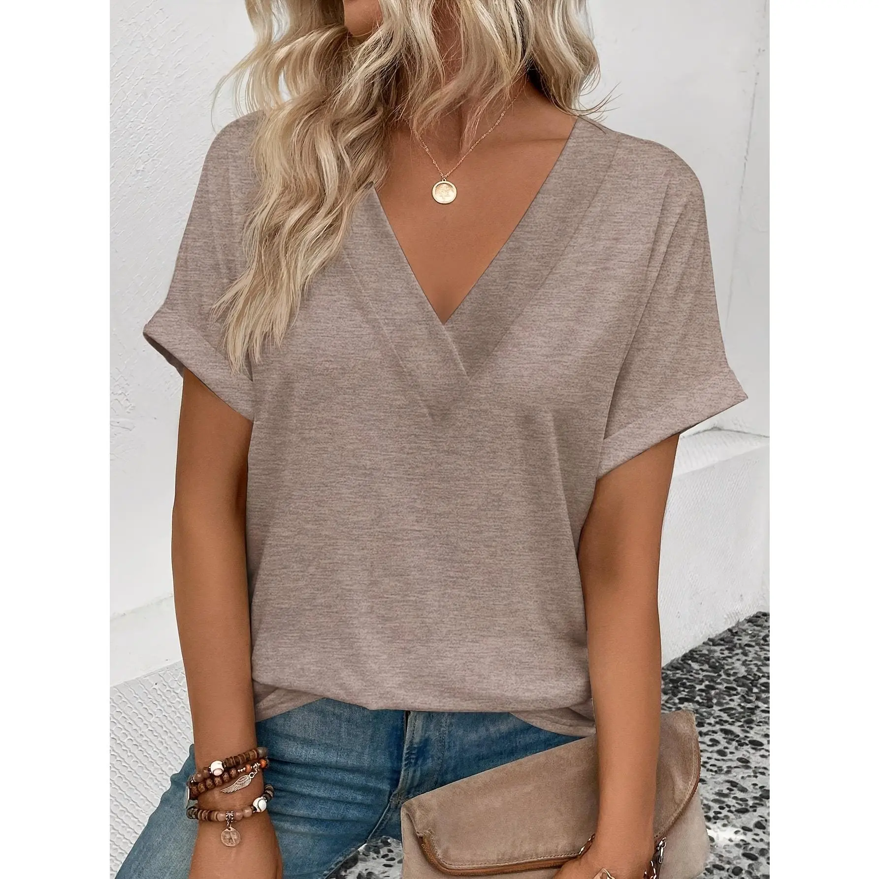 [Casual wear] women's casual V-neck T-shirt with batwing sleeves-elegant beige polyester blend, machine washable, ideal for spring/summer/fall