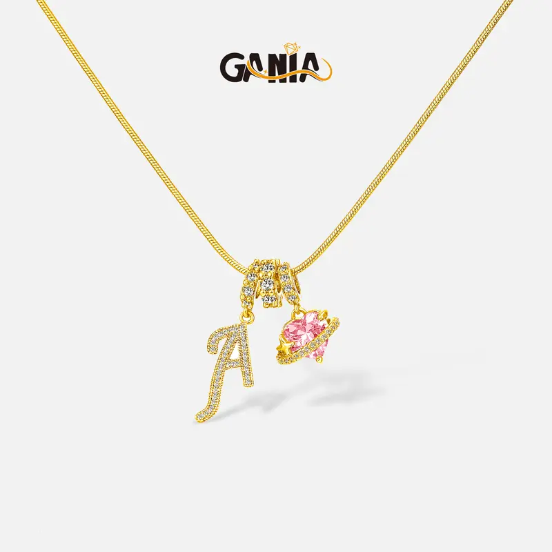 GANIA Shimmering silver tone 26-letter pendant necklace with pink decorations, a fashionable Valentine's Day gift, birthday gift, excellent choice for ladies