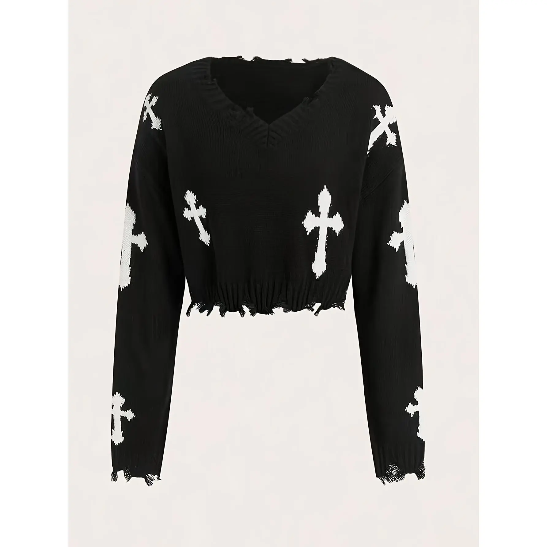 Women's Casual Knitwear Pullover, V-Neck Long Sleeve Top with a Ripped Distressed Cross Graphic, Polyester, Knit, Clothes, Viscose, Micro Elastic, Halloween, Casual Wear