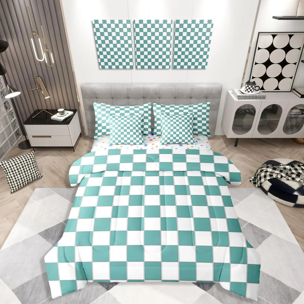 Teal Bedding Set Turquoise Checkered Comforter Set with Sheets 7 Piece Women,Geometric Grids Plaid Bed in A Bag Bedroom Decor,Gingham Bed Sets