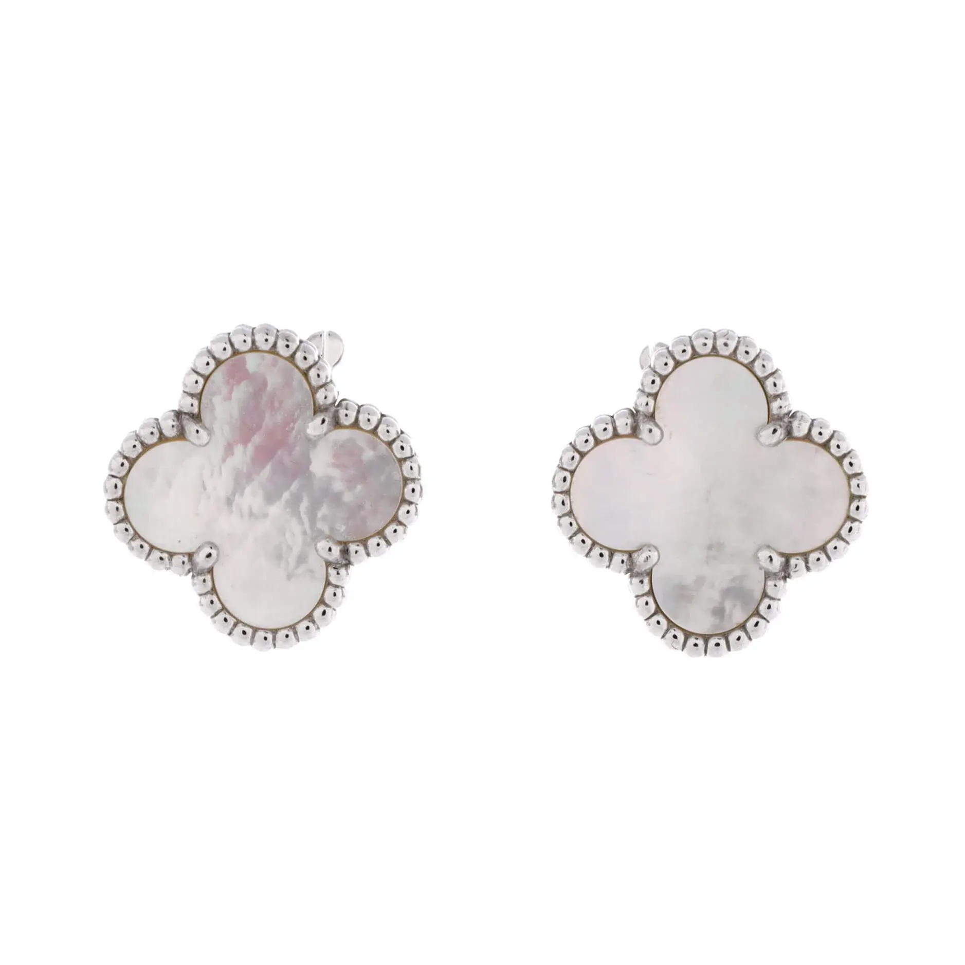 Pre-owned Van Cleef & Arpels Vintage Alhambra Earrings 18K White Gold and Mother of Pearl by Rebag