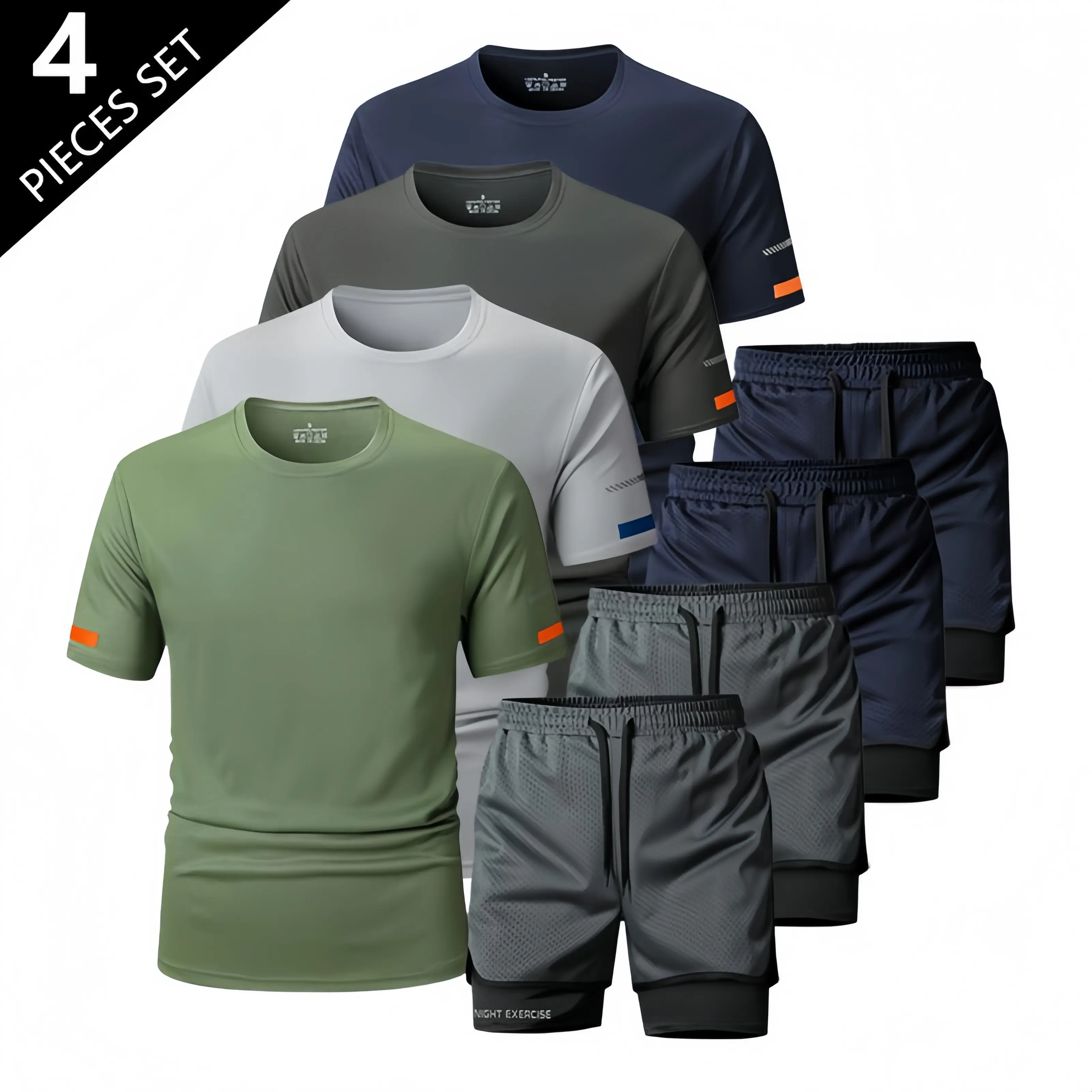Men’s summer sports and casual quick-dry short-sleeve top and shorts set; solid-color short-sleeve athletic top; breathable, comfortable sportswear for outdoor activities like jogging; made from quick-drying, breathable ice silk fabric.