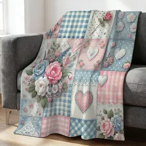 Charming Floral Patchwork Flannel Blanket, Soft Decorative Throw for Cozy Home and Office, Versatile Use, Ideal for Camping and Travel, Beautiful Multi-Pattern Design in Pink, Blue and White, Perfect Gift for All Seasons, Woven Blanket