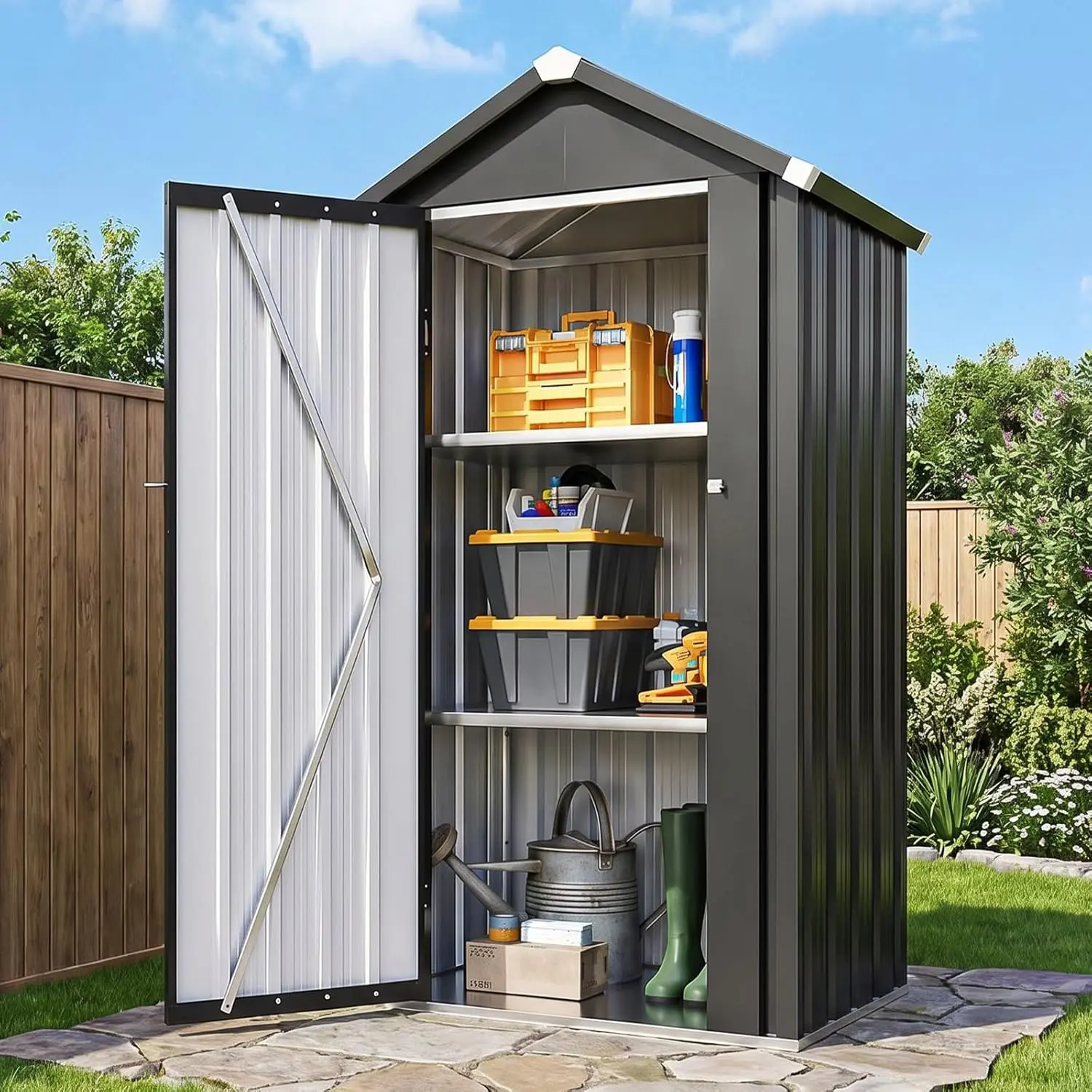 Aoxun Outdoor Storage Cabinet with Floor, Solid Garage Storage Cabinet with Adjustable Shelves, Metal Tool Storage Cabinet for Patio, Garden, 3'x2', Black
